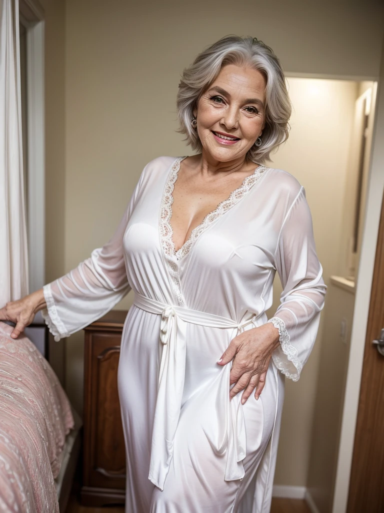 Mature old woman 80 years with hair, plus size, overweight, old face and body with many wrinkles, smiling, loose skin, standing at her bedroom posing for photo, She wearing white satin night robe, jaw dropping mature older beauty, old face and body with wrinkles, legs are visible, old face, bright makeup, red lips, attractive grandma, a gorgeous old hair, beautiful old grandma, lovely older mature grandma, gorgeous beautiful grandma over 80 years old, beautiful silver hair grandma, beautiful detailed body and face, a beautiful old granny