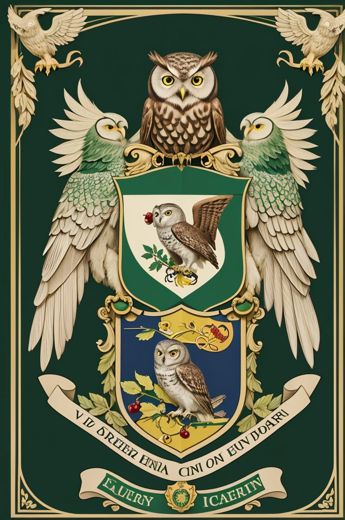 Create a coat of arms for a European country, using shades of green, with two owls, cherry trees, and other elements