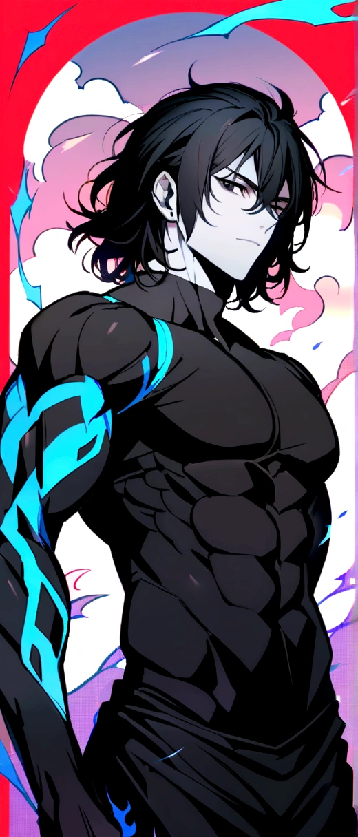 Male, Black hair, medium hair, black eyes, dark clothes, kind of Muscular, white skin, compression shirt, toned body type