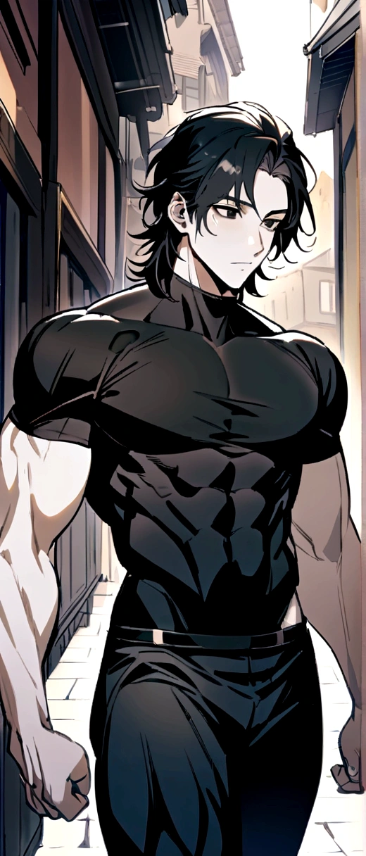 Male, Black hair, medium hair, black eyes, dark clothes, kind of Muscular, white skin, compression shirt, toned body type