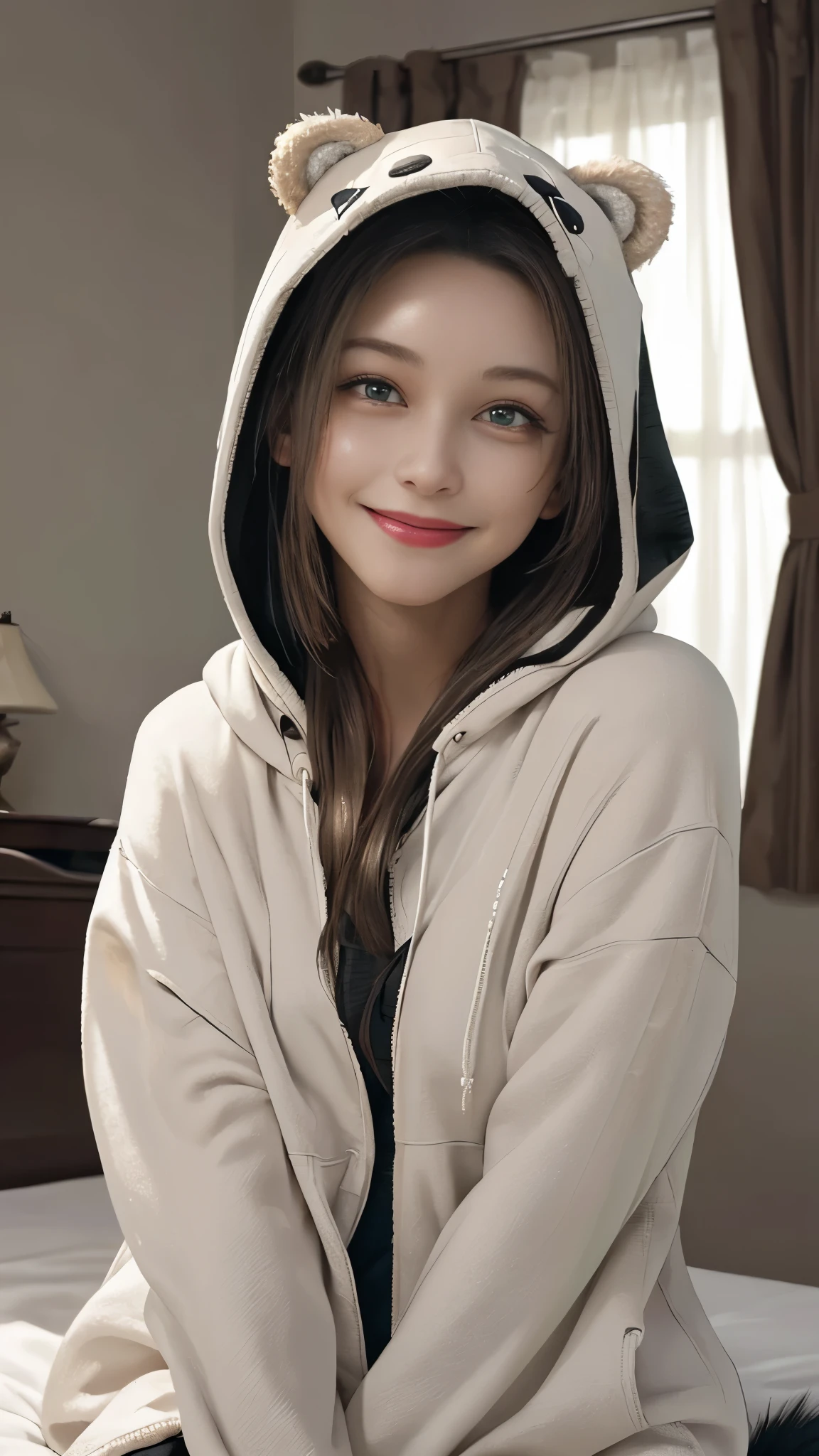 beautiful, (masterpiece), Highest quality, (extremely detailed face), extremely detailed eyes,  Perfect lighting, Overall detailed, detailed, Deep Skin,Textured skin,
,bear costume ,black bear costume, Long sleeve, Wearing a hood,,mallow , Long Hair, Green Eyes, Big smile,On the bed ,sit between the pillows,
,