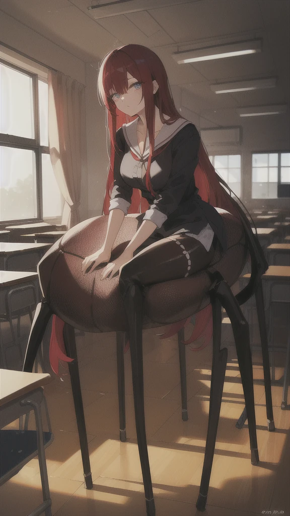 ((best quality)), ((highly detailed)), absurdres, (detailed eyes).1girl,20 years old,solo,long hair,red hair,,full body, classroom,arachne,