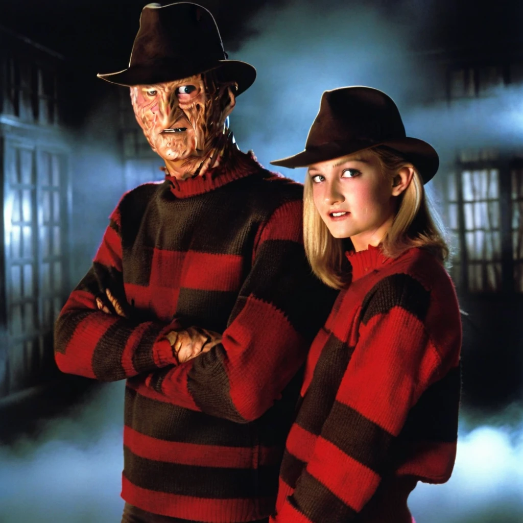 a movie poster of " A nightmare on elm street" with Freddy Krueger with a blond teenager girl in 80s clothes