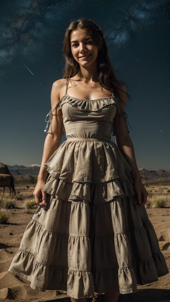 (Masterpiece, Best Quality:1.2), cowboy shot, Alone, 1 girl, sheryl name, SMILE, Closed mouth, looking at the viewer, dress with straps, layered skirt, bare shoulders, outer space, Star (sky)