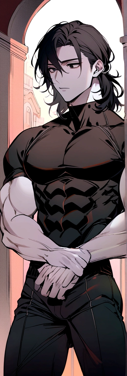 Male, Black hair, medium hair, black eyes, dark clothes, kind of Muscular, white skin, compression shirt, toned body type