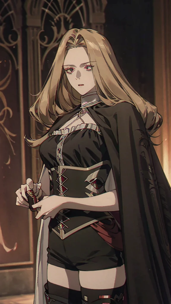 Portrait of a beautiful vampire woman of tall stature, ash blonde hair, long and parted in the middle, extremely pale skin, crimson red eyes, serious expression, wearing a black corset and black shorts, black thigh high boots. The woman's body has a black cape and a silver sword-shaped brooch.