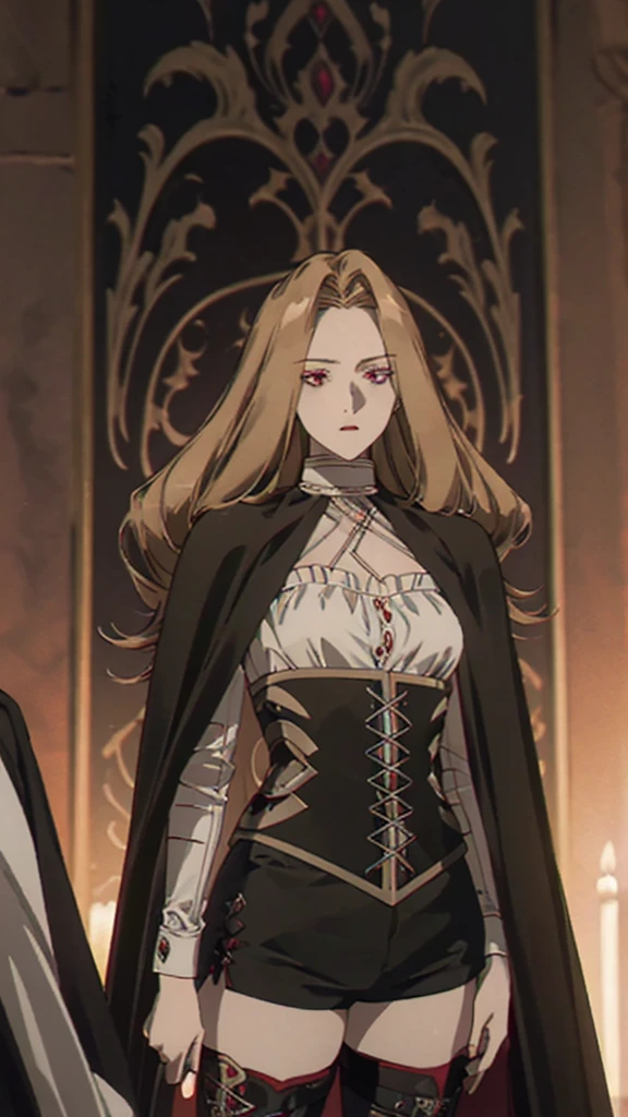 Portrait of a beautiful vampire woman of tall stature, ash blonde hair, long and parted in the middle, extremely pale skin, crimson red eyes, serious expression, wearing a black corset and black shorts, black thigh high boots. The woman's body has a black cape and a silver sword-shaped brooch.