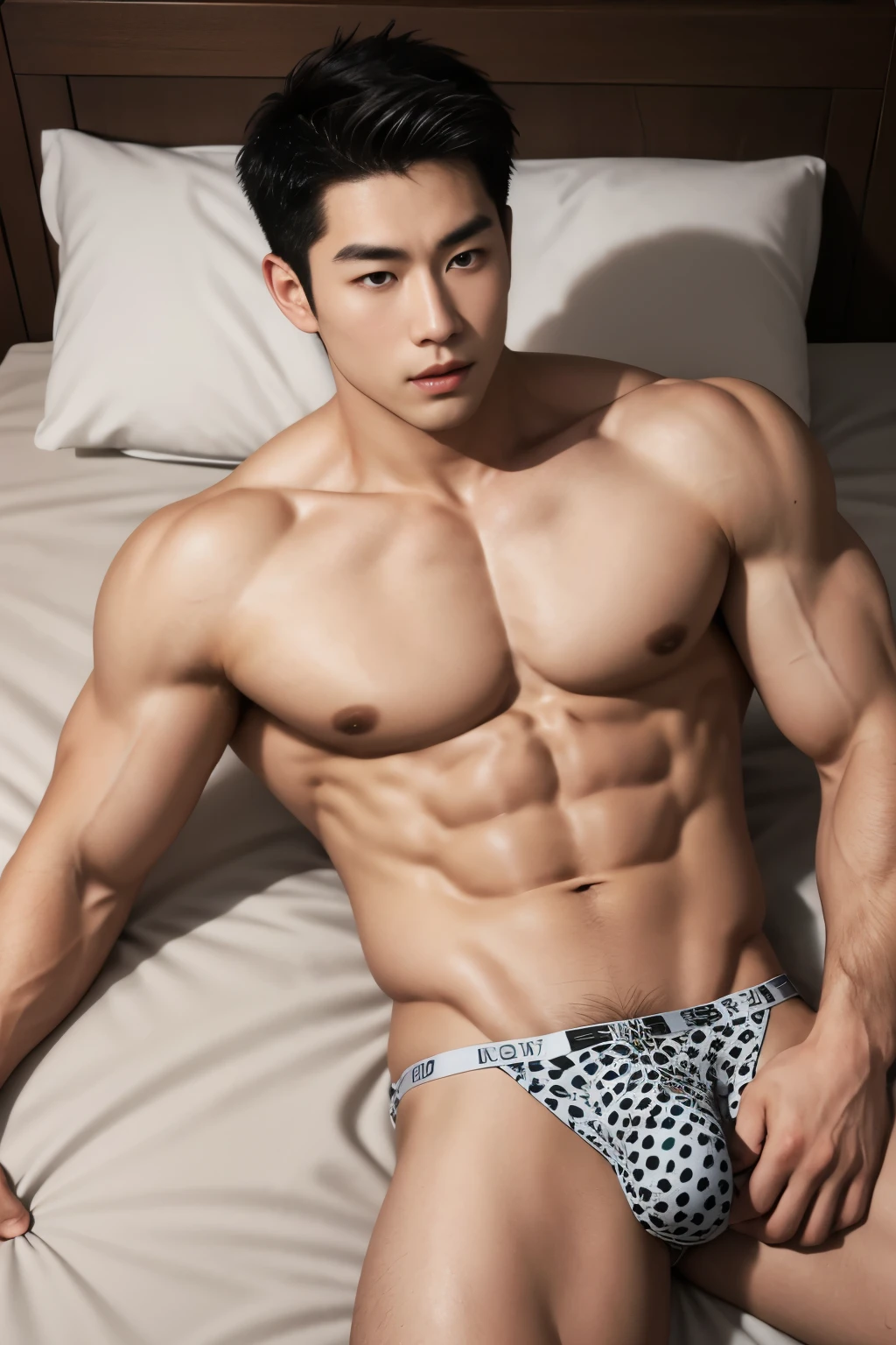 Handsome, muscular young Asian white skinned man laying on the bed, resting on his elbow, wearing only micro cheetah underwear 