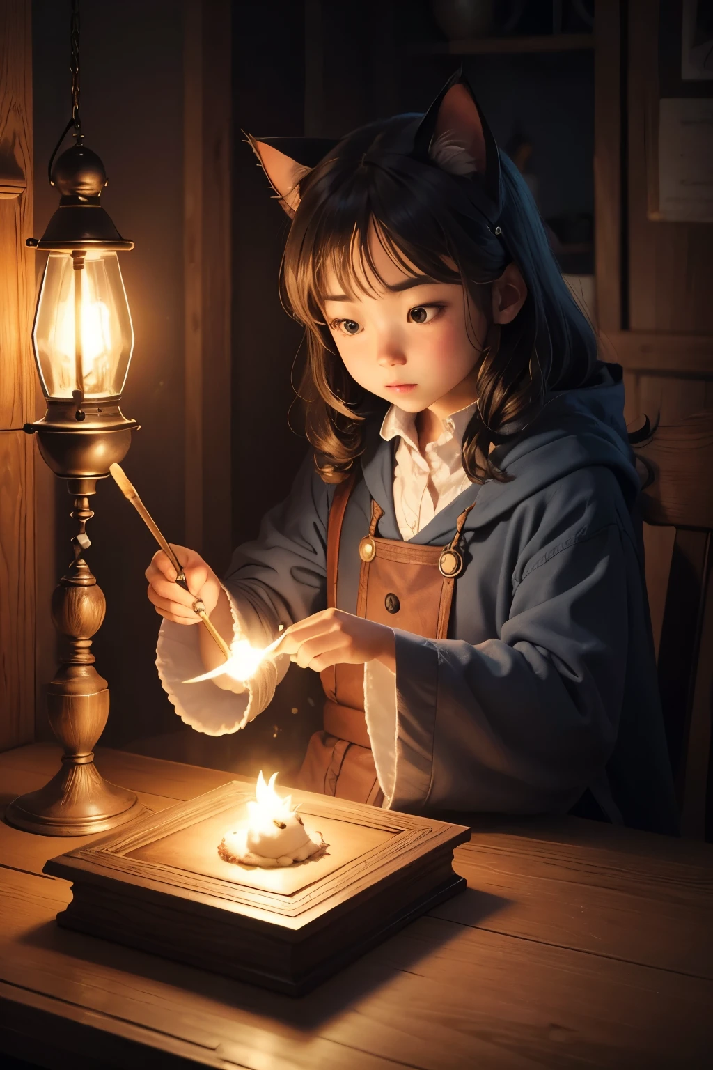 Cute cat wizard sitting in a dark chamber with a small magic light on the table. The cat holds a tabletop figure in one hand and a brush in the other with which he paints the figure. The little cat is very happy 