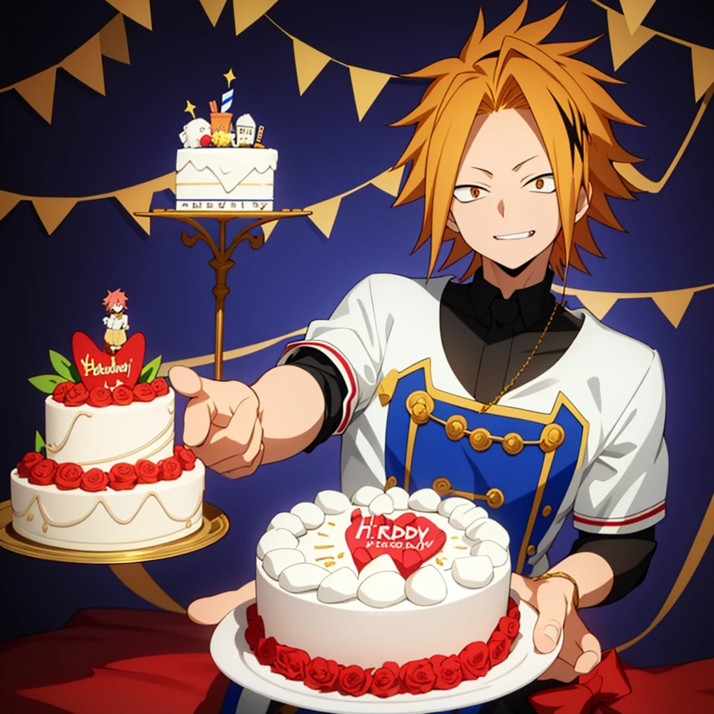 masterpiece, best quality, high quality, 1boy, solo, male focus, looking at viewer, upper body, kaminari denki, meddle shot, holding a beautiful birthday cake 