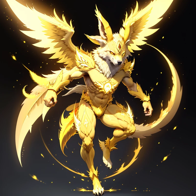 (1 wolf) full body, a white eyed yellow carbuncle, a winged four pointy ears yellow carbuncle with yellow lightning, yellow spike feathers, yellow spike wings, yellow energy around, yellow thunderstorm background, yellow electricity