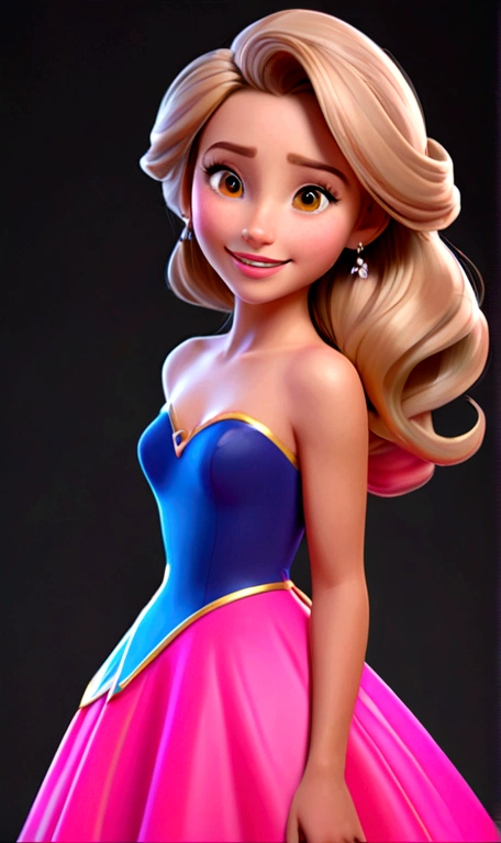 Generate a 3D model of a Disney character with light hair and brown eyes, wearing neon dress, radiant and happy. The model must be detailed enough to support 16K resolution, capturing the character&#39;its joyful and vibrant essence.