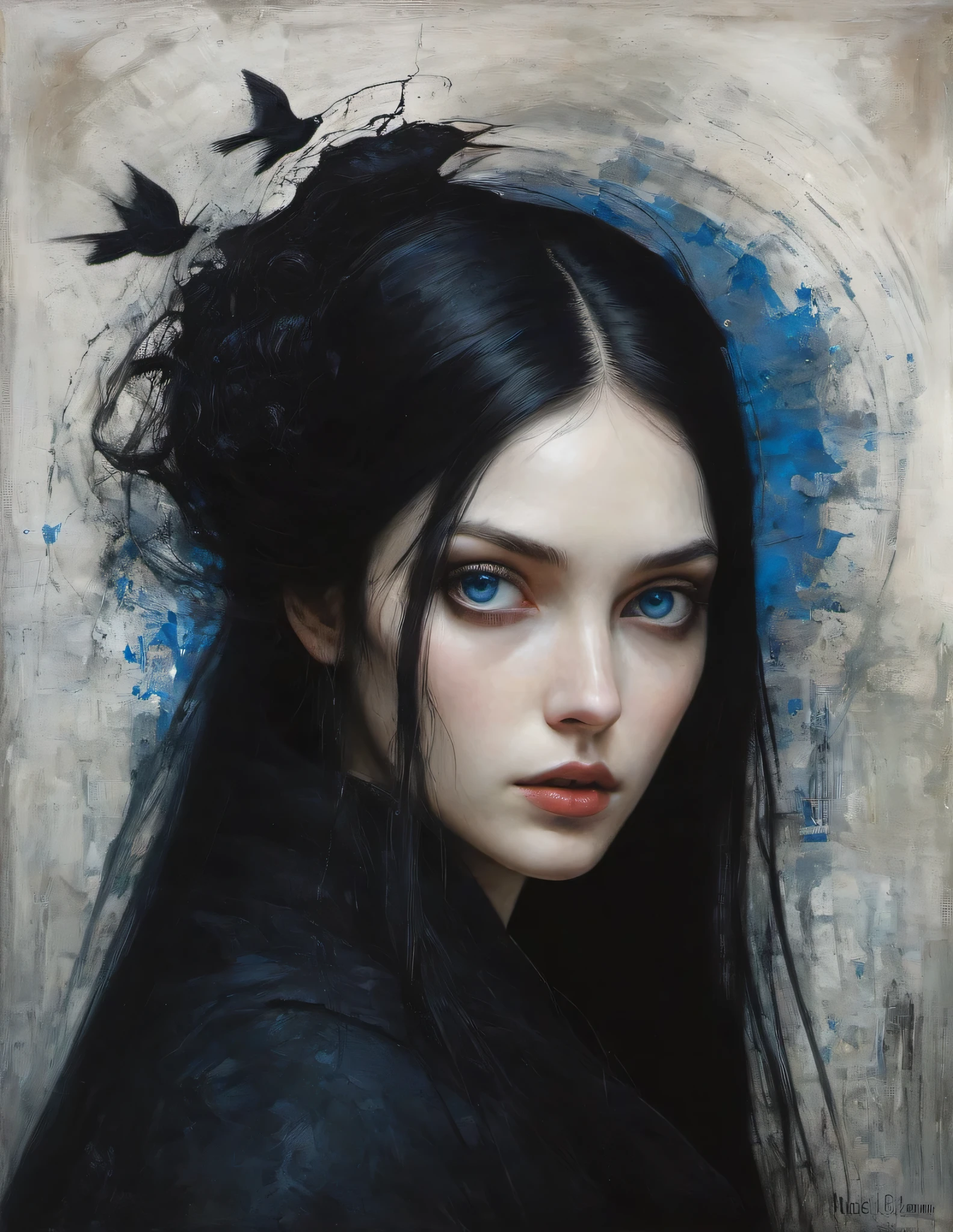 James Gurney, Surrealist art , dream-like, Mysterious, Provocative, symbolic, Complex, detailed,, (Gothic but very beautiful:1.4), (masterpiece, highest quality:1.4) , Nicola Samori Style, girl with long black hair, blue eyes, black coat