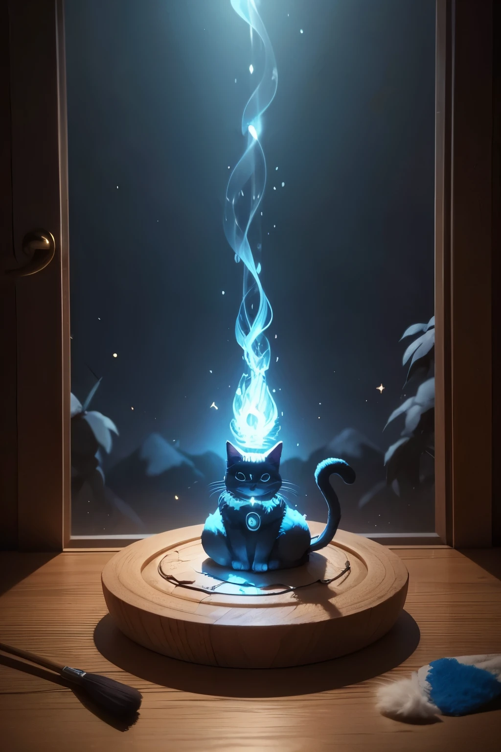 Cute cat wizard sitting in a dark chamber with a small magic light on the table. The cat holds a tabletop figure in one hand and a brush in the other with which he paints the figure. The little cat is very happy