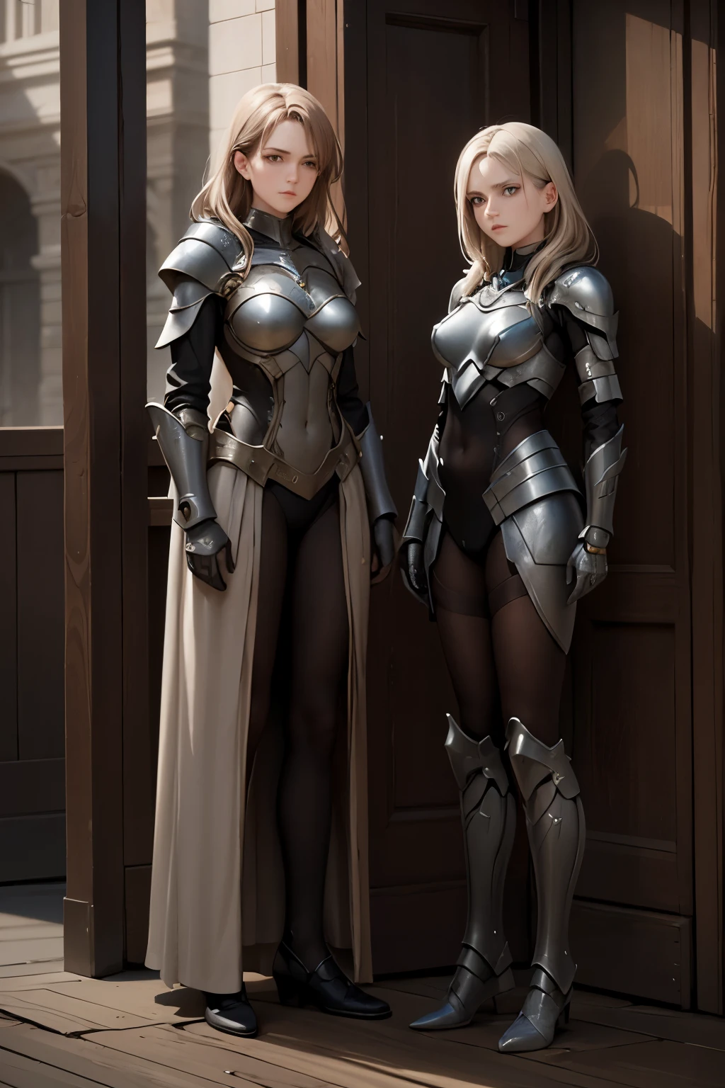 there are two women in armor standing next to each other, highly detailed surreal vfx, inspired by Peter Lindbergh, desaturated and muted colors, inspired by Nikola Avramov, clockpunk, detailed and beautiful faces, by Steven James Petruccio, prometheus (2012)