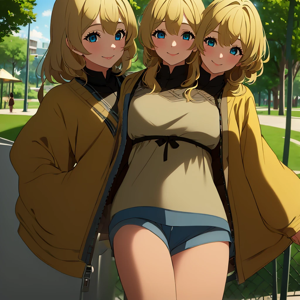 (2heads:1.5), masterpiece, best quality, 1girl, solo, beautiful, fine, delicate, extremely intricate, detailed, blonde hair, jacket, blue eyes, ((masterpiece)), extremely detailed, best quality, high resolution, ((at a park)), Bridget, smile,  