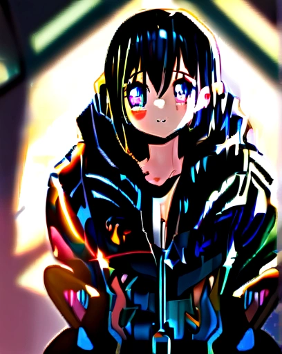 (Masterpiece), (best quality), 1girl, , black hair, slim body, flat chested, small breasts, short, cute, beautiful, sparkling eyes, in a high-up apartment building at night, futuristic city, sitting in a gaming chair by a computer, facing camera, sitting, black bra, black underwear with an unzipped black jacket covering her arms.