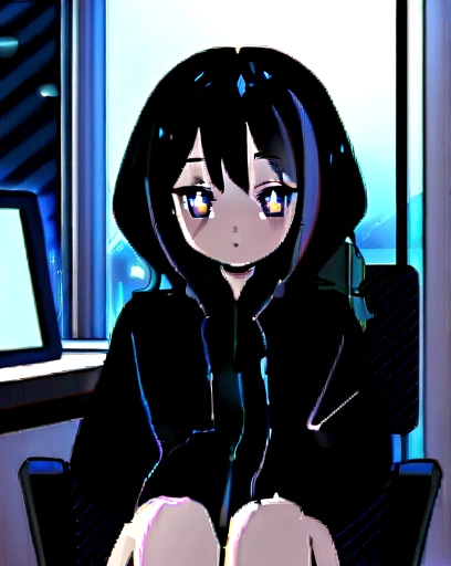 (Masterpiece), (best quality), 1girl, 17 years old, black hair, slim body, flat chested, small breasts, short, cute, beautiful, sparkling eyes, in a high-up apartment building at night, futuristic city, sitting in a gaming chair by a computer, facing camera, sitting, black bra, black underwear with an unzipped black jacket covering her arms.