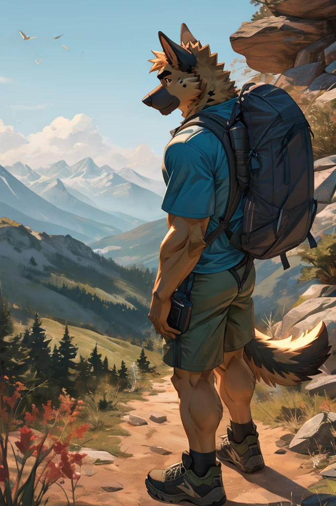 solo, male, german sheperd, mountains, hiking, wearing shorts, wearing t-shirt, backpack