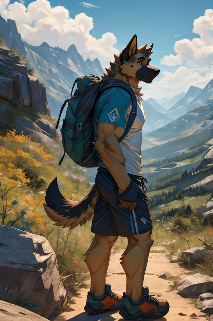 solo, male, german sheperd, mountains, hiking, wearing shorts, wearing t-shirt, backpack