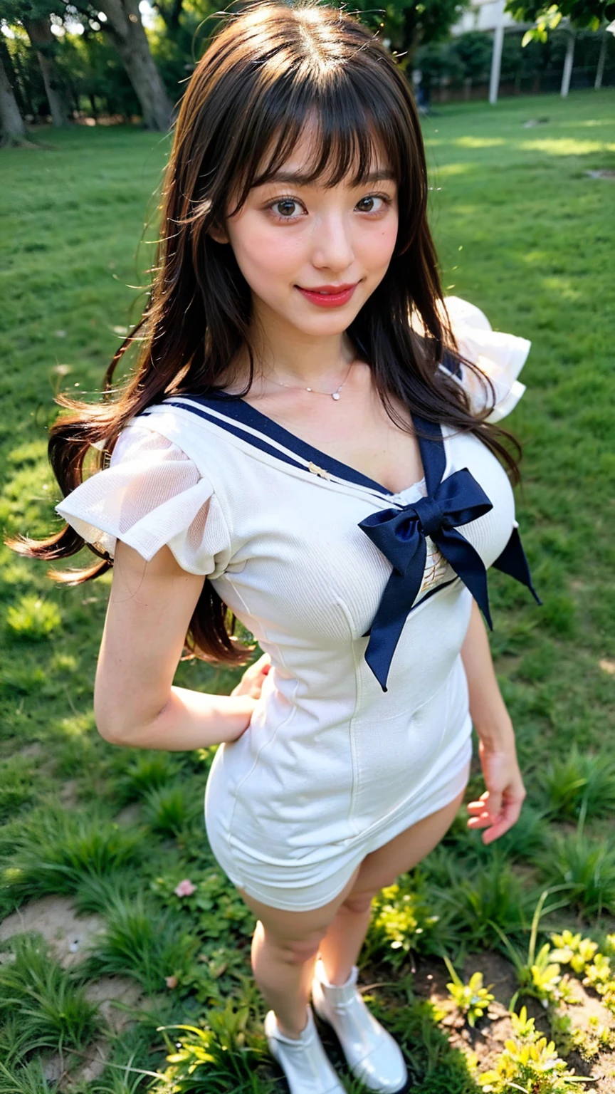 (8K、RAW Photos、Highest quality、masterpiece:1.2)、(Realistic、Realistic)、1 girl、((Sailor Moon Costume:1.5、With pubic hair、Large Breasts、Full body from the front、Standing with hands behind back、))、Lots of eyelashes、Glowing eyelids、skeletally correct、smile、This photo will awaken boys to sex