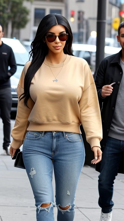 Kim Kardashian dressed in a warm-colored sweatshirt and jeans and smiles sexy.