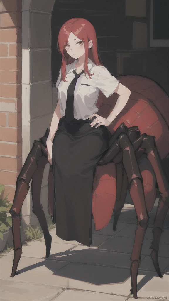 ((best quality)), ((highly detailed)), absurdres, (detailed eyes).1girl,20 years old,solo,long hair,red hair,(white shirt,short sleeves,black standart tie,black skirt),full body, university entrance,arachne,