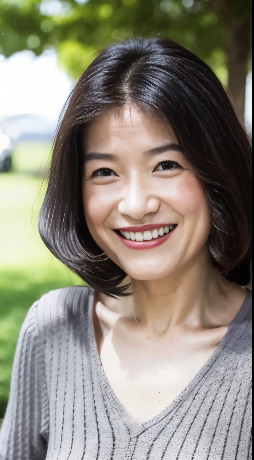 最high quality, In 8K, Masseter region, real, Sharp focus, high quality, High resolution, Detailed face, Fine grain, Thick lips, Background Blur, alone, Full body photography, Middle-aged women, , 65 years old, , Wavy Hair, Cleavage, Wearing a plain short-sleeved knit, Sitting on a park bench, Wrinkles around the eyes, Smiling with teeth showing
