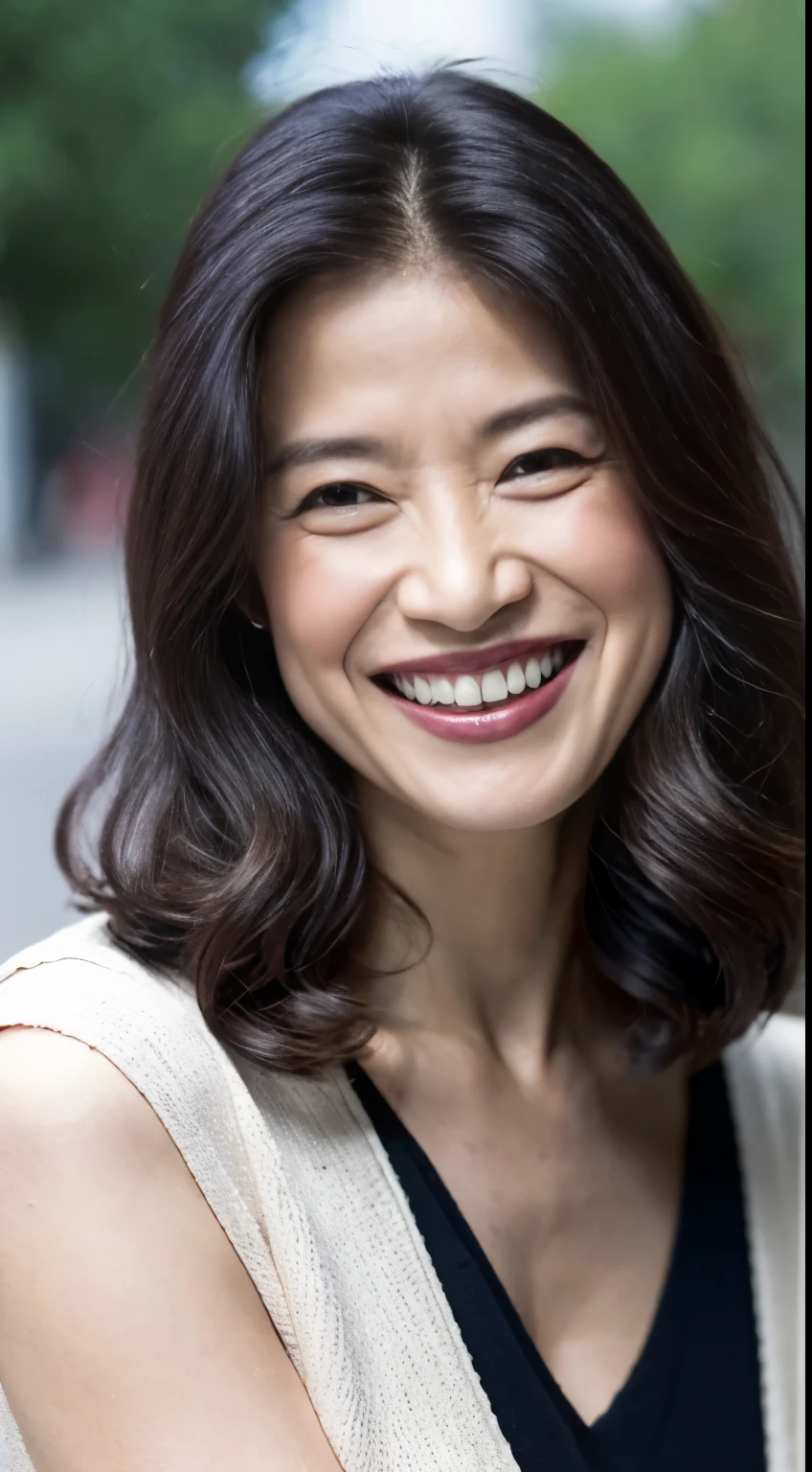 最high quality, In 8K, Masseter region, real, Sharp focus, high quality, High resolution, Detailed face, Fine grain, Thick lips, Background Blur, alone, Full body photography, Middle-aged women, , 65 years old, , Wavy Hair, Cleavage, Wearing a plain short-sleeved knit, Sitting on a park bench, Wrinkles around the eyes, Smiling with teeth showing
