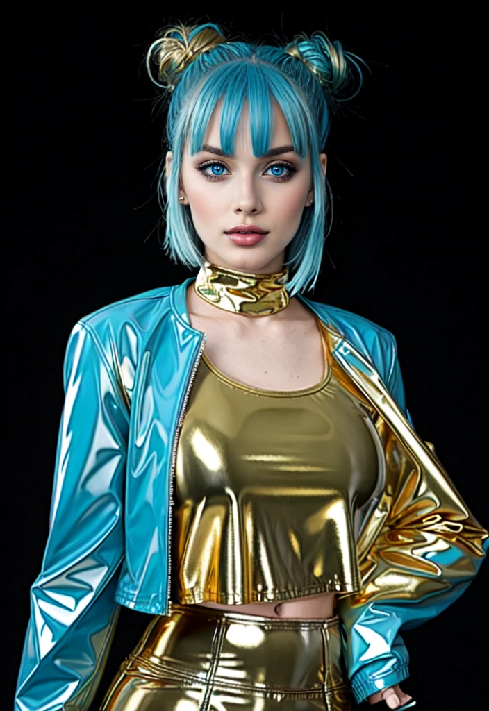 woman with cyan blue hair, duoble bun haircut, Cyan blue latex crop jacket, gold shirt