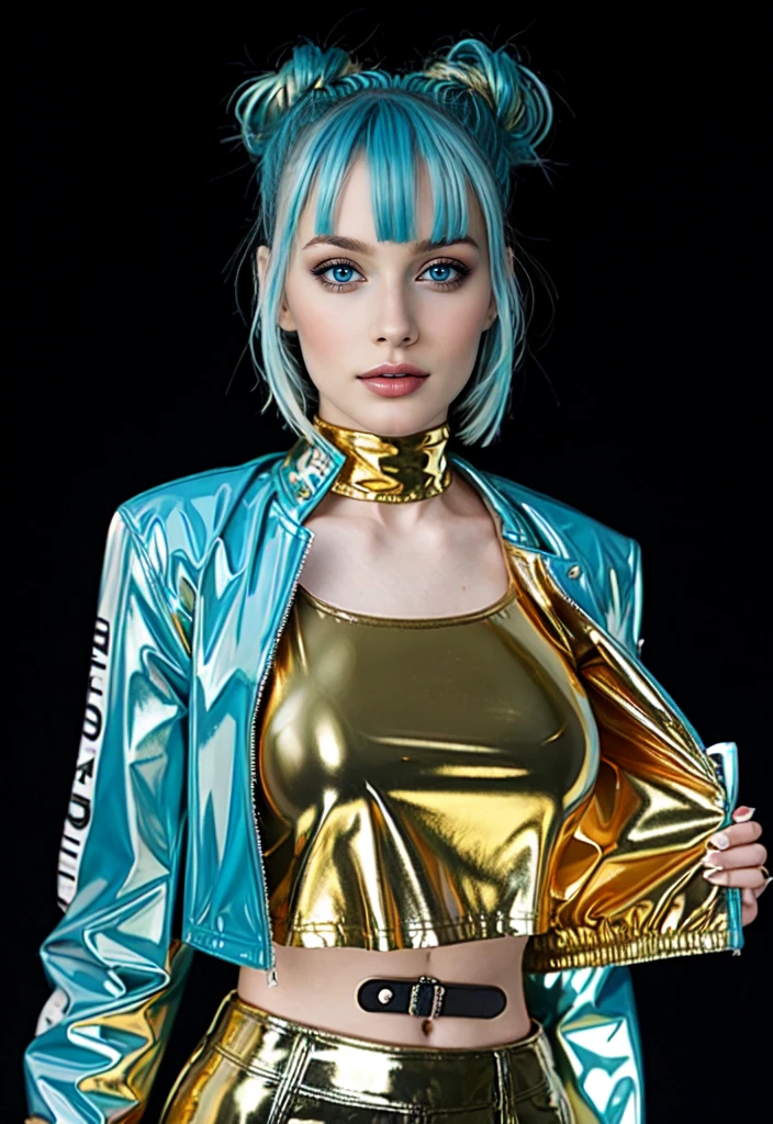woman with cyan blue hair, duoble bun haircut, Cyan blue latex crop jacket, gold shirt