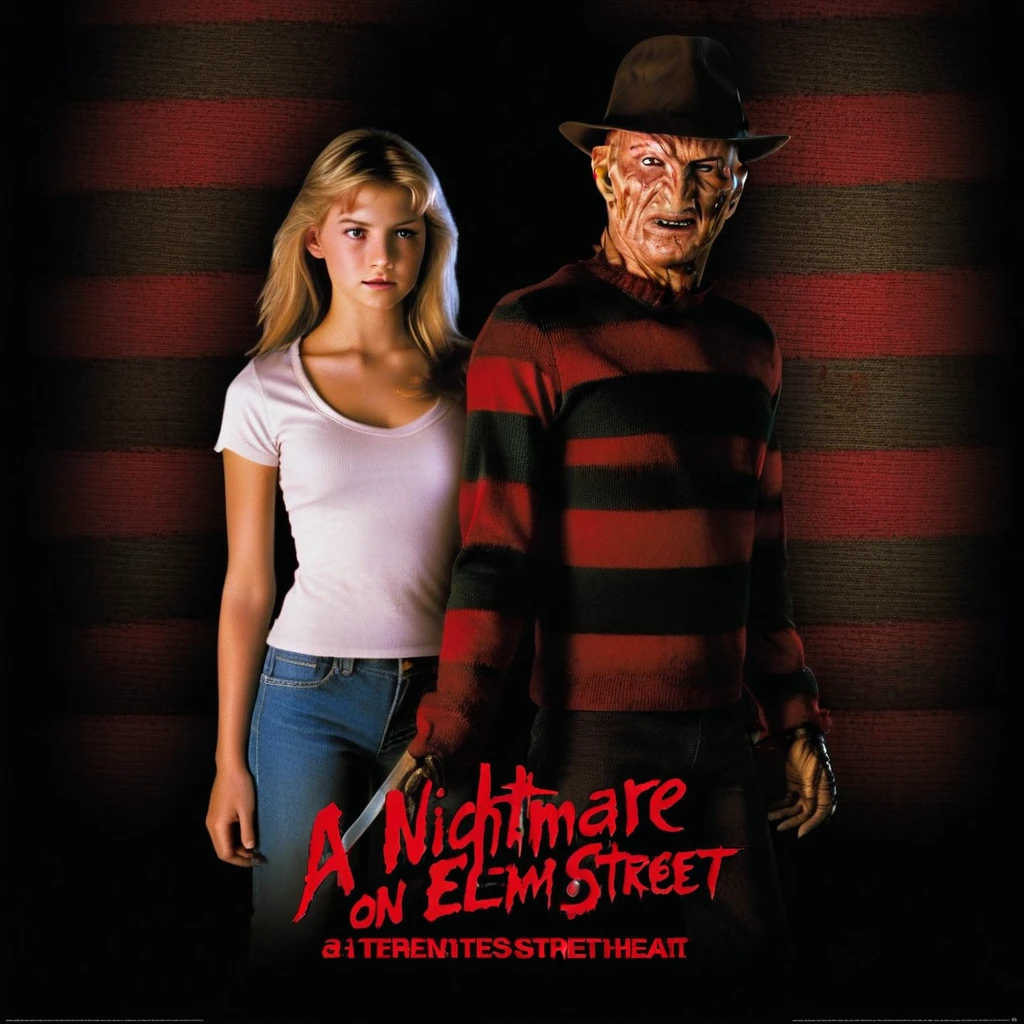 a movie poster of " A nightmare on elm street" with Freddy Krueger with a blond teenager girl with white t-shirt and jeans