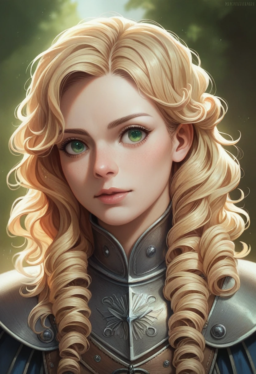 1 girl, masterpiece, Best quality, 8 k, Detailed leather texture, detailed fabric texture, beautiful detailed face, complex parts, ultra detailed, European girl, green eyes, curly blonde, 3D character, Medieval Knight