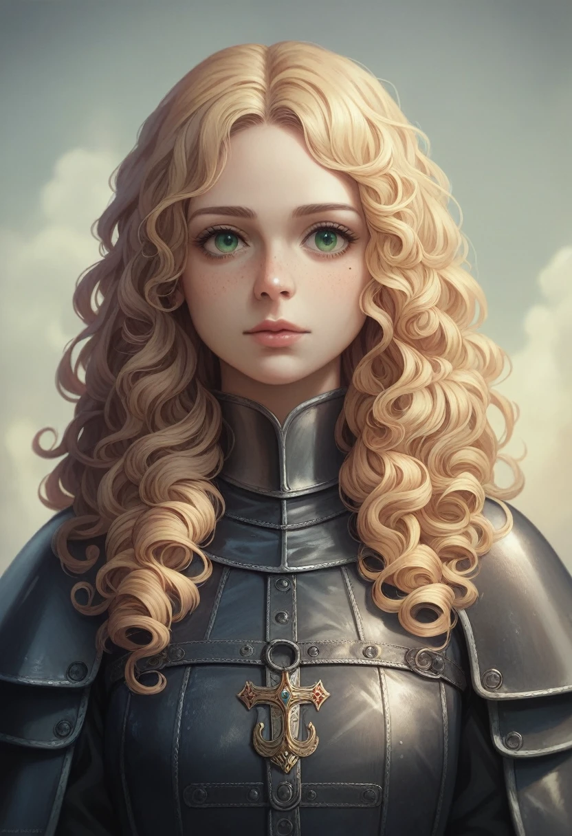 1 girl, masterpiece, Best quality, 8 k, Detailed leather texture, detailed fabric texture, beautiful detailed face, complex parts, ultra detailed, European girl, green eyes, curly blonde, 3D character, Medieval Knight