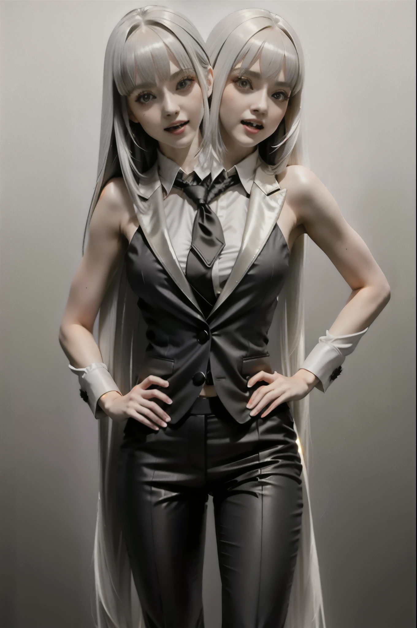 1girl, solo, long hair, yellow eyes, looking at viewer, smile, white background, arm up, open mouth, grey hair, very long hair, cowboy shot, (black business suit:1.3), black pants, red tie, white hair,(shiny skin),(mature female:1.2),blanc \(nikke\), (2heads:1.4)