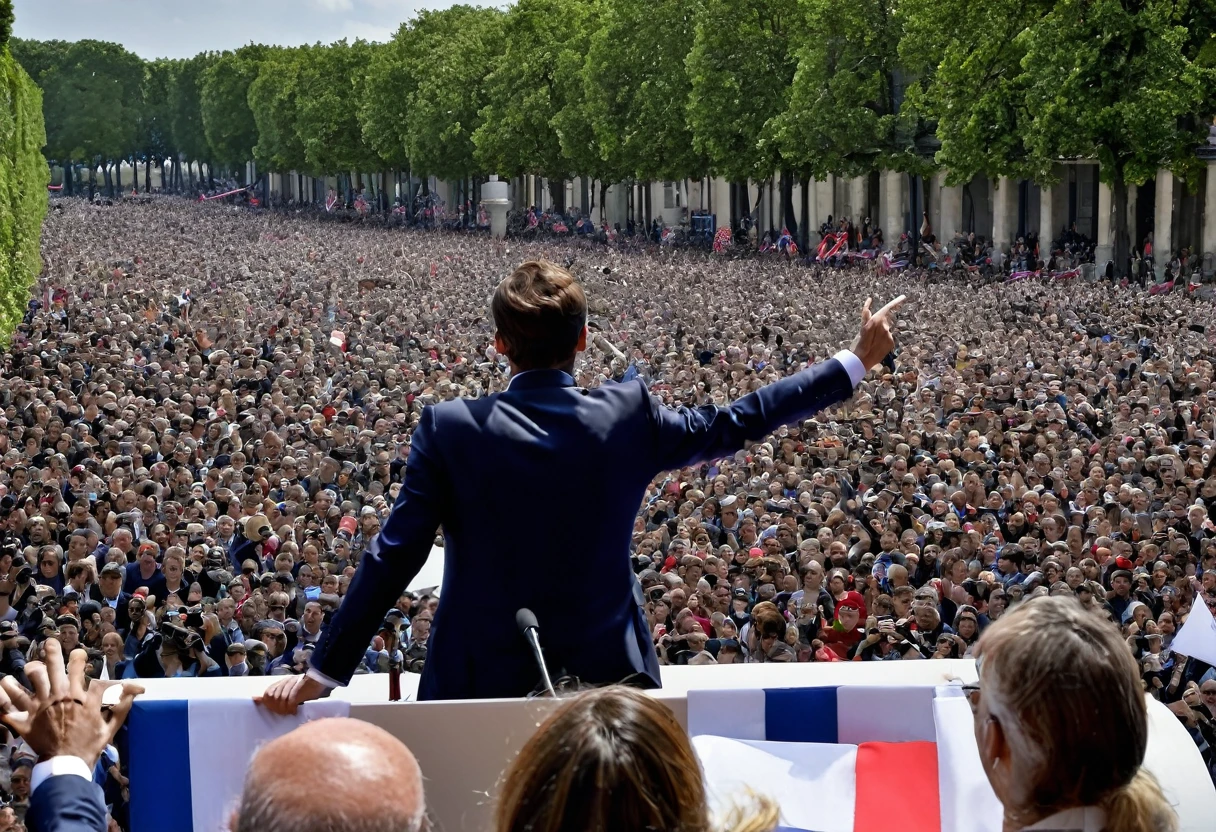 President macron france autentique avec le mit ecrit 49.3. ( Image en 32K ), avec plein de personnes autour de lui qui manifestent. Le president Macron étant sur un podium et au milieu de tous les manifestants et tenant une feuille sur lequel est écrit 49.3