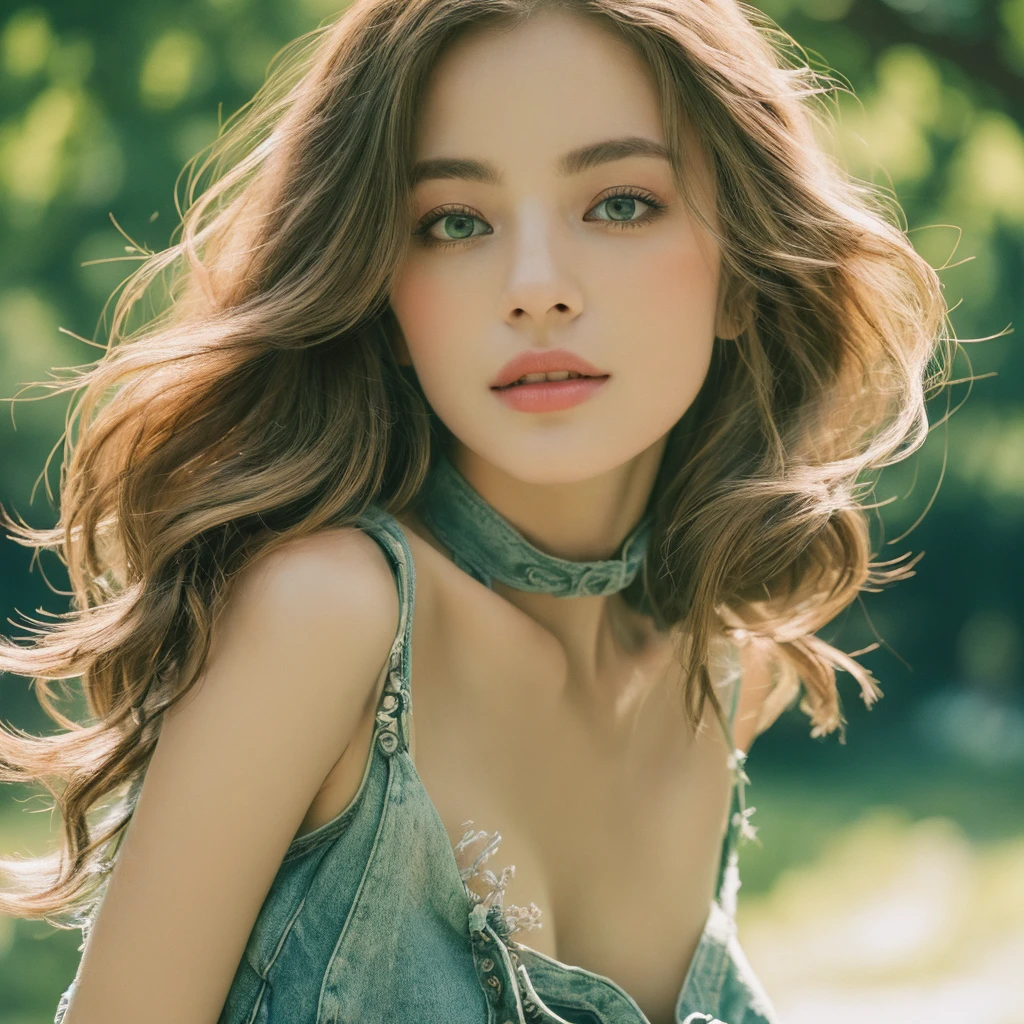 {{A ((stunning)) depiction of {((a girl with a perfect body))}}} with {((super fine face and eyes, long hair, random colored tank top, and short jeans, exposing her cleavage))}. This is a {((realism))}-inspired image that showcases {((natural beauty and high-resolution details))}. The environment/background should be {((outdoor, in a lush, green park))} to create an {((inviting and fresh))} atmosphere. The image should be in the style of a {((photograph))}, incorporating elements of {((fashion photography))}. The {((medium shot))} shot, captured with a {((85mm lens))} lens, will provide a {((dynamic and intimate perspective))}. The lighting should be {((soft and natural))}, emphasizing {((the girl's features and the textures of her clothing))}. The desired level of detail is {((ultra high))} with a {((4K))} resolution, highlighting {((the intricate details of her face, hair, and clothing))}. The goal is to create a {((captivating and realistic))} image that captivates viewers with its {((natural beauty and fine details))}.