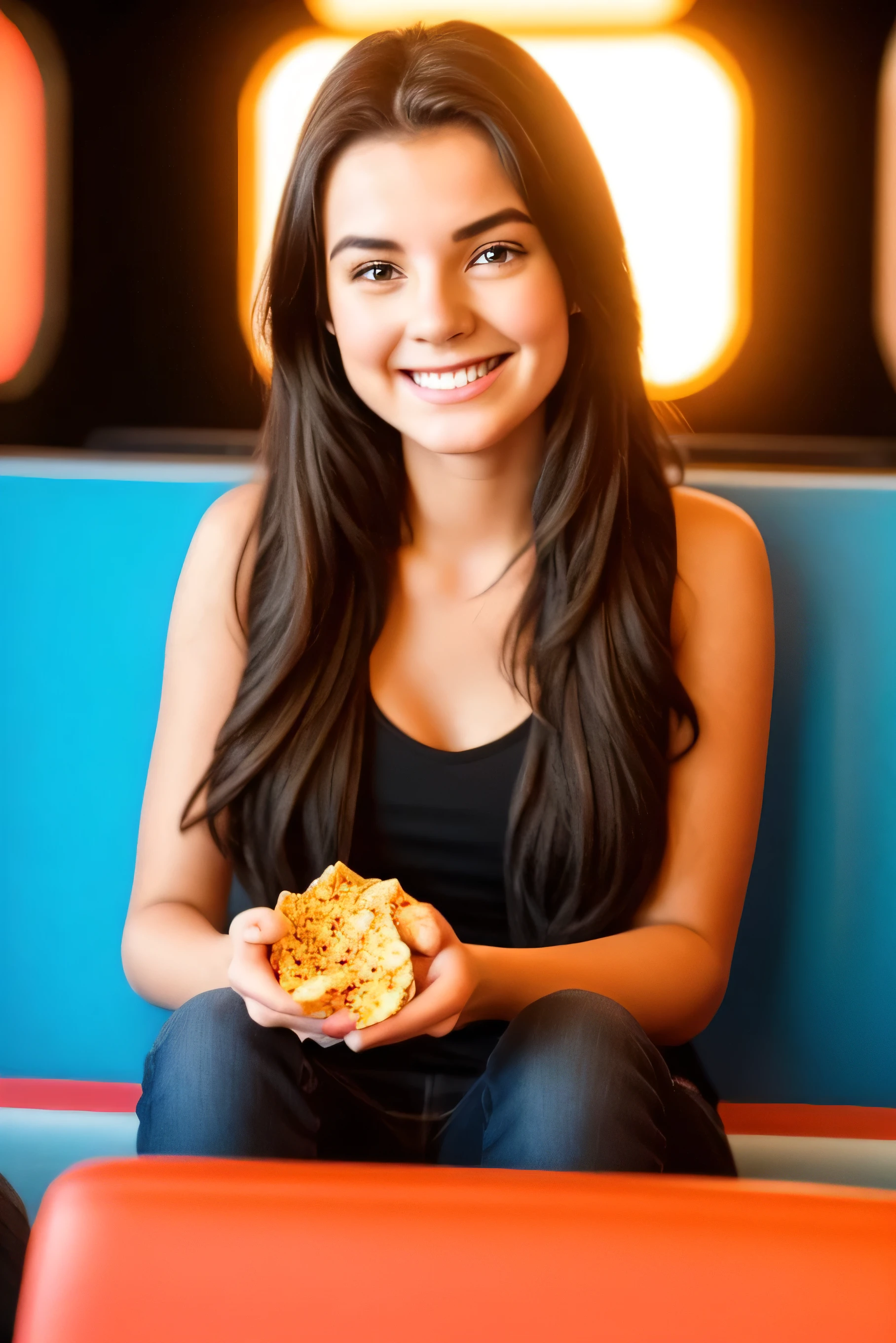 Young woman in cinema, happy with crisps 