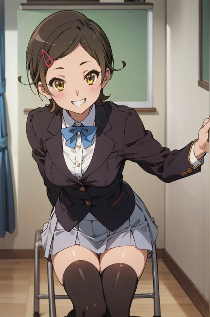 solo, 1girl, , hazuki katou,.,looking viewer ,grin,medium breasts,classroom,blazer,miniskirt,black thighhighs