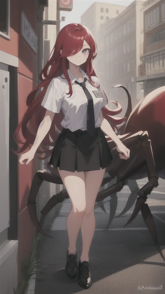 ((best quality)), ((highly detailed)), absurdres, (detailed eyes).1girl,20 years old,solo,long hair,red hair,(white shirt,short sleeves,black standart tie,black skirt),full body, university entrance,white arachne,