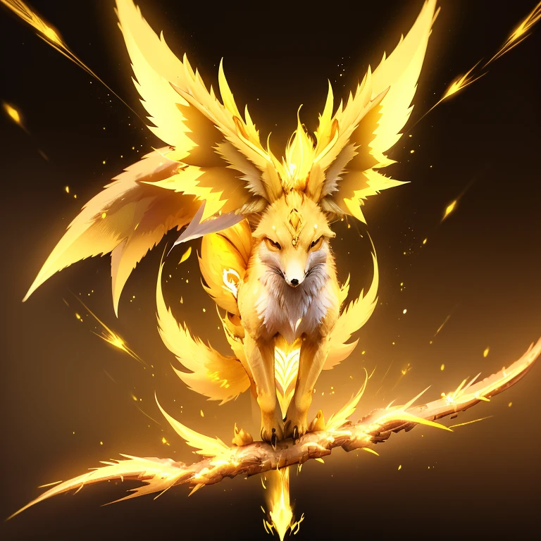 (1 fox) full body, a white eyed yellow carbuncle, a winged four pointy ears yellow carbuncle with yellow lightning, yellow spike feathers, yellow spike wings, yellow energy around, yellow thunderstorm background, yellow electricity

