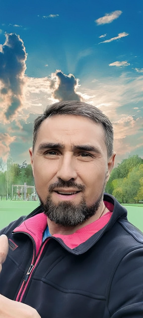 Running man in sportswear, with dark stubble and classic hairstyle, crosses the path in the park, absorbed in his exercise. The forest surrounds him, creating a landscape against the sunset sky. A professional photographer captures this moment in 8K UHD quality, capturing every detail of his face - the Tatar's features stand out in this beautiful scene.