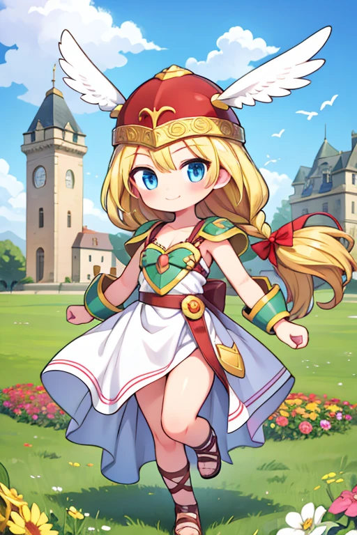 alone, one girl, Valkyrie, blonde, single braid, cute, happy, nice smile, young, bright sunlight, Full body image, Are standing, dance, (masterpiece:1.2), best quality, masterpiece, top quality, looking at viewer, castle, castle gate, flowers, shining eyes, blonde hair, long hair, blush, white bird, feathers, sky, helmet, shining eyes,