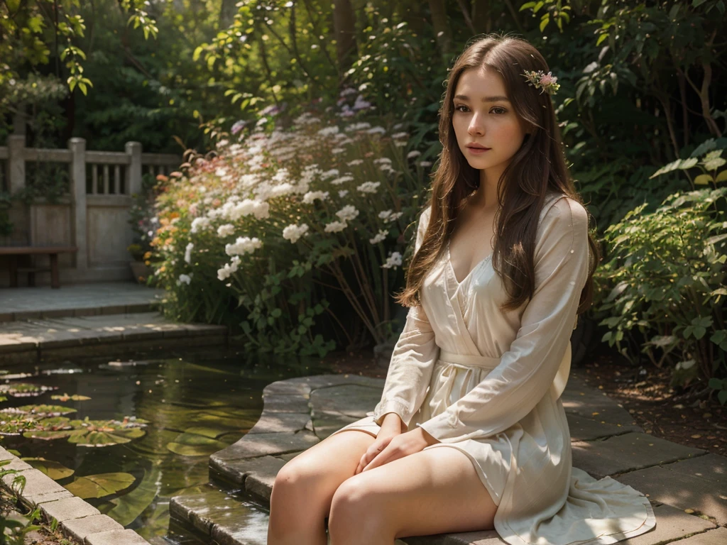 a beautiful young girl, 1girl, elegant, delicate, porcelain skin, long flowing hair, detailed eyes, long eyelashes, beautiful lips, serene expression, sitting in a lush garden, surrounded by vibrant flowers, sunlight filtering through the trees, (best quality,4k,8k,highres,masterpiece:1.2),ultra-detailed,(realistic,photorealistic,photo-realistic:1.37),intricate details,warm color palette,soft lighting,cinematic composition,highly detailed portrait,delicate facial features,graceful posture,tranquil atmosphere,natural scenery