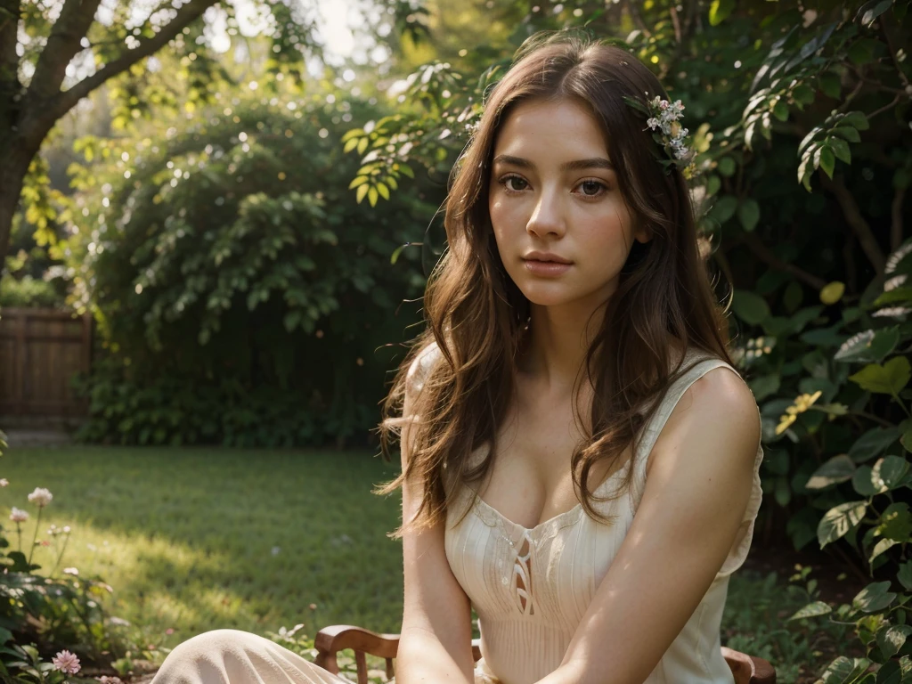 a beautiful young girl, 1girl, elegant, delicate, porcelain skin, long flowing hair, detailed eyes, long eyelashes, beautiful lips, serene expression, sitting in a lush garden, surrounded by vibrant flowers, sunlight filtering through the trees, (best quality,4k,8k,highres,masterpiece:1.2),ultra-detailed,(realistic,photorealistic,photo-realistic:1.37),intricate details,warm color palette,soft lighting,cinematic composition,highly detailed portrait,delicate facial features,graceful posture,tranquil atmosphere,natural scenery