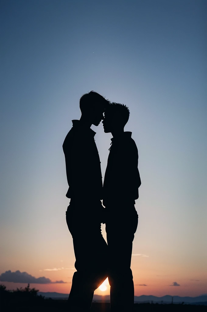 The silhouette of two boys facing each other with their hands in front of them almost touching 