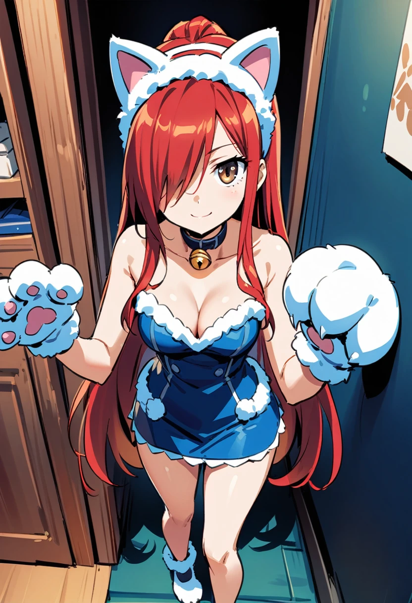 hmanga, (best quality, masterpiece:1.2), ultra detailed, (anime), 1girl, Erza Scarlet \(Fairy Tail\), fake animal ears, cat ears, paw gloves, bare shoulders, looking at viewer, collarbone, brown eyes, smile, neck bell, animal hands, collar, hair over one eye, cleavage, red hair, long hair, standing, (looking at viewer), (front view), room, full body,
