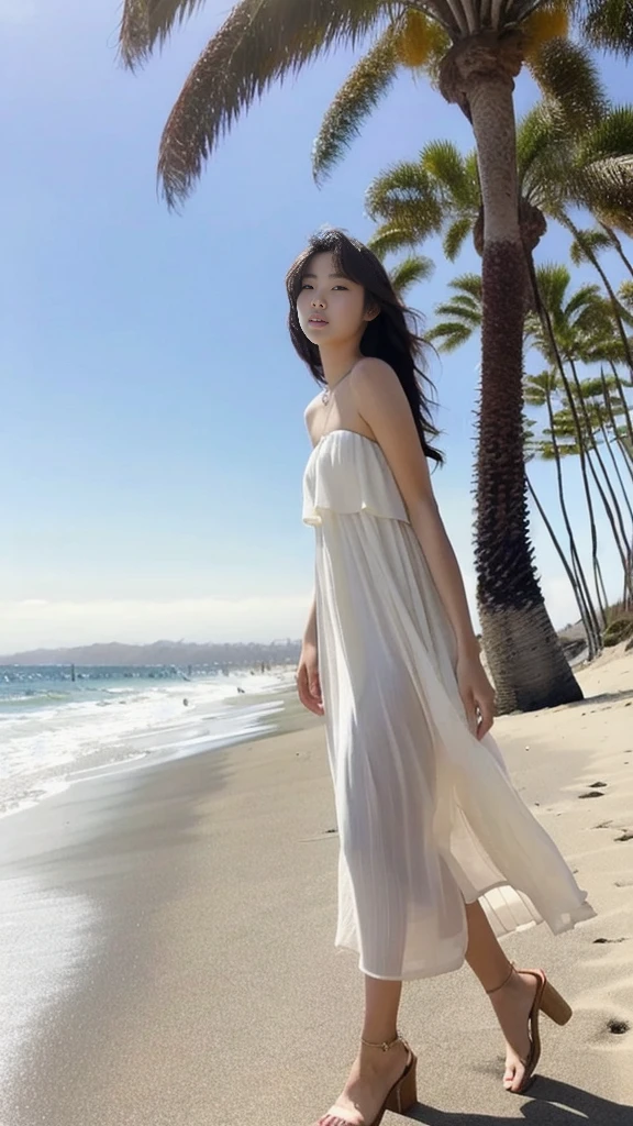 (Kang Eun-hye),masterpiece,Half-body shot,A beautiful 20-year-old Korean girl walks naked on a beautiful Los Angeles beach,She is slim,The backdrop is a beautiful view of the Pacific Ocean and palm trees,She is wearing a light-colored summer high fashion dress,There's nothing underneath,Bare legs,Exposed breasts,She has huge round breasts,Summer heat,The scorching sun made her sweat profusely,Even if it is dusk,She smiled seductively at the camera。Her eyes sparkle with happiness,16K,Ultra-high resolution,Realism,uhd,RAW,dslr,Natural light,sharp focus,Detailed face,Detailed eyes