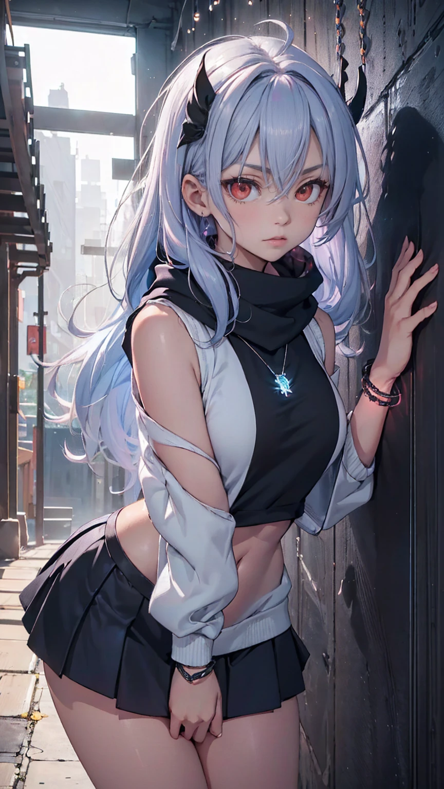 最high qualiy、best quality image、work of art、Kizi((18-years old、 Becoming、Better bust、medium bust,wide open breast tea、eerie glowing red eyes,silver hair、disheveled hair、long hair、fine tune,The highest valley、Open chest、Luminous bracelets、ha、hair ornamen、luminous necklace、Black sleeveless sweatshirt(1:2)、blue short skirt、Disheveled clofine tuneg、Show your whole body,Low - Angle、hacker type、perspiring、To attract、Cute black mask、Leaning against a wall、black scarf、Have a smartphone、rear view、Accentuate your ass、standing on all fours)),high qualiy、linda arte、fund((neon lig、Interior from neon to black))、Voo、flying debris、Written limit depth、film、visual arts、Perfect artwork、8K,genuine,