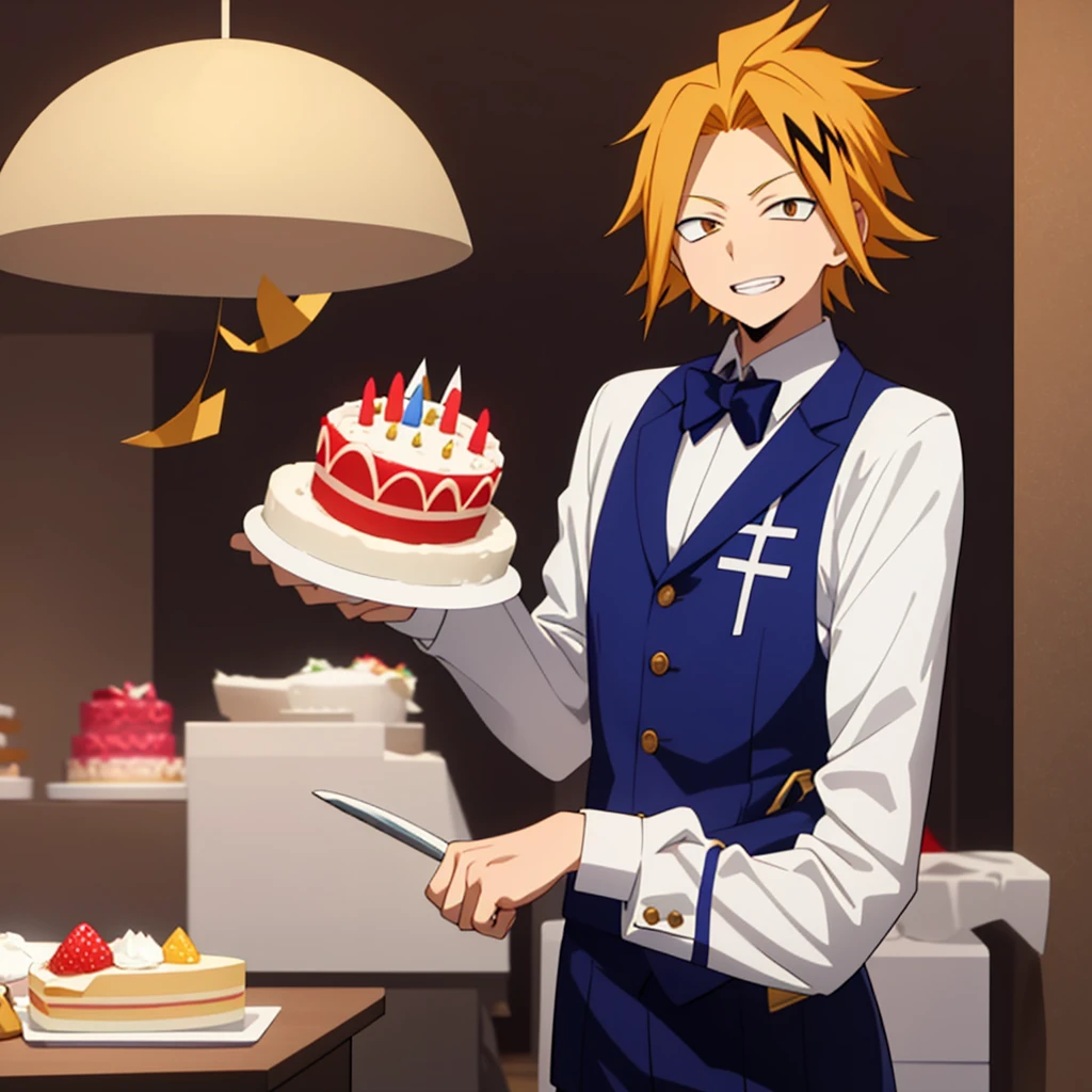 masterpiece, best quality, high quality, 1boy, solo, male focus, looking at viewer, upper body, kaminari denki, meddle shot, holding one beautiful birthday cake, perfect hands